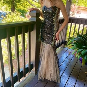 Black/Nude Rhinestones Embroidered strapless Mermaid Ball Gown.